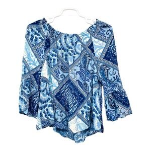 New Directions Shirt Womens Petite XL Blue‎ Patchwork Paisley Bell Sleeve Rayon